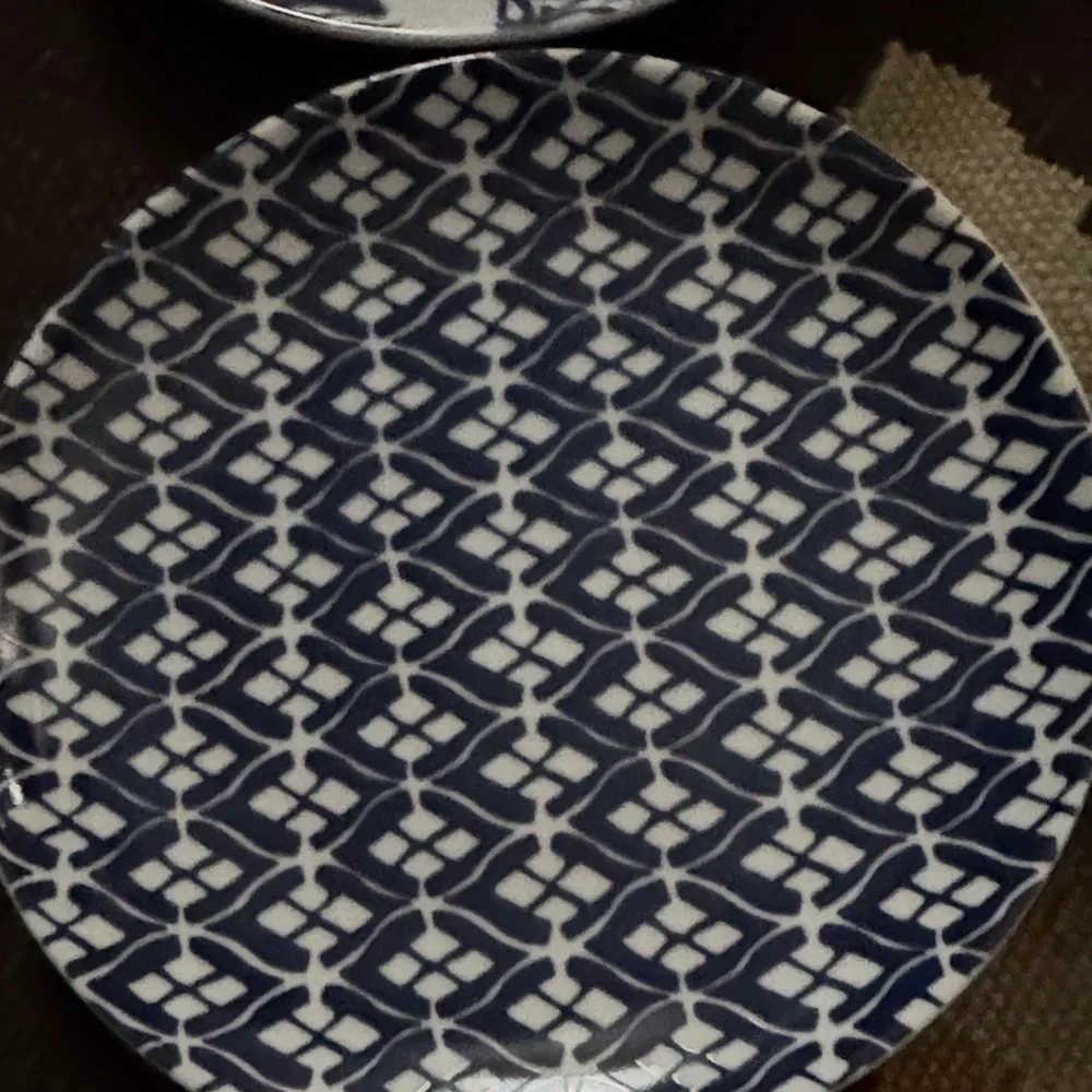West Elm Blue and White Patterned Ceramic Dinner Plates - Set of 4